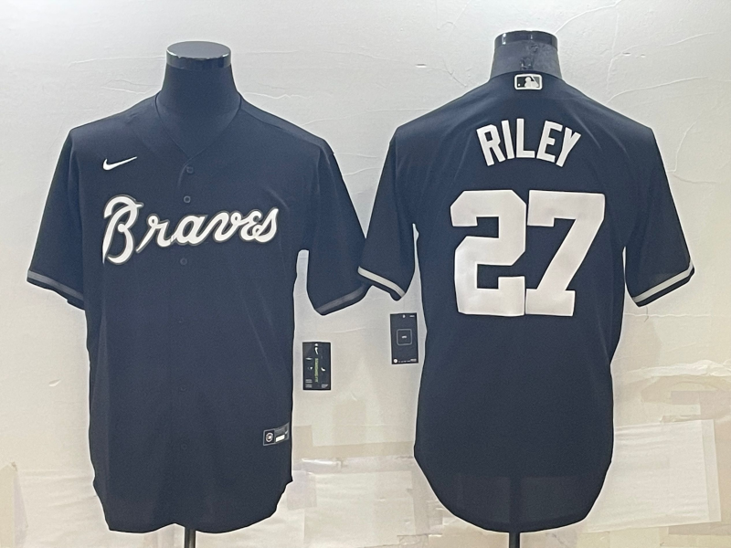 Men's Atlanta Braves #27 Austin Riley Black Cool Base Stitched Baseball Jersey Men's Atlanta Braves #27 Austin Riley Black Cool Base Stitched Baseball Jersey